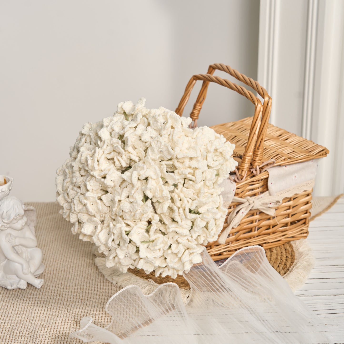 Bouquet di ortensie all'uncinetto, decorazione per la casa