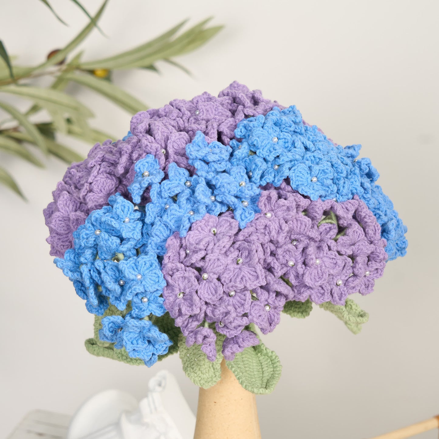 Bouquet di ortensie all'uncinetto, decorazione per la casa