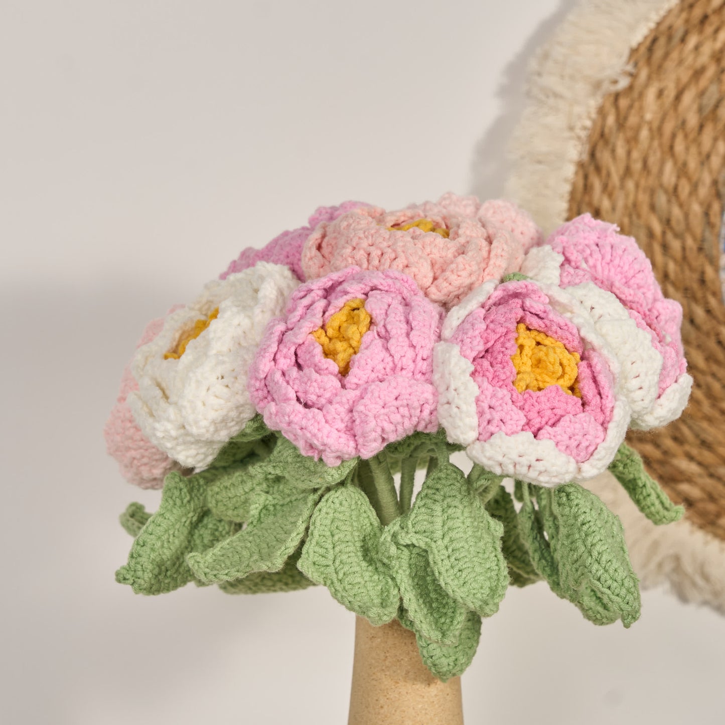 Fiori di peonia all'uncinetto fatti a mano, decorazione per la casa (12 pezzi)