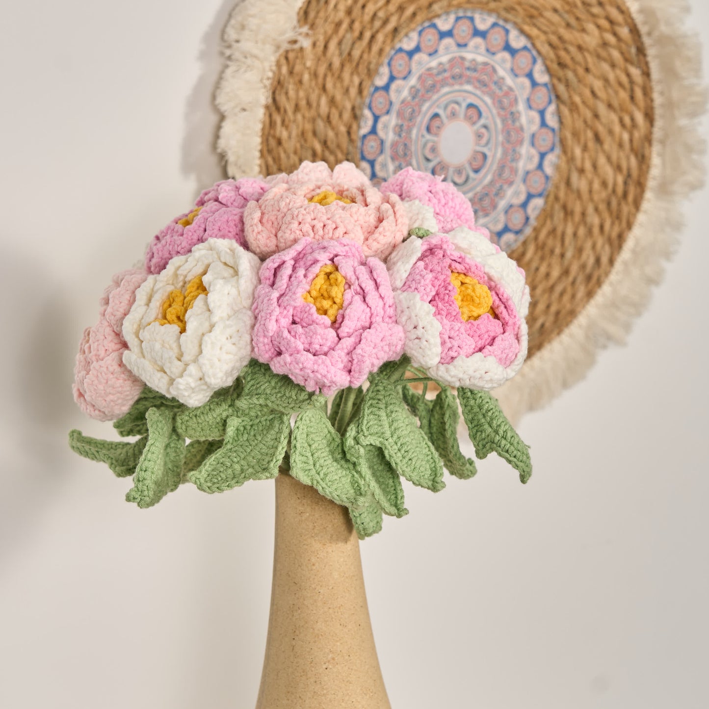 Fiori di peonia all'uncinetto fatti a mano, decorazione per la casa (12 pezzi)