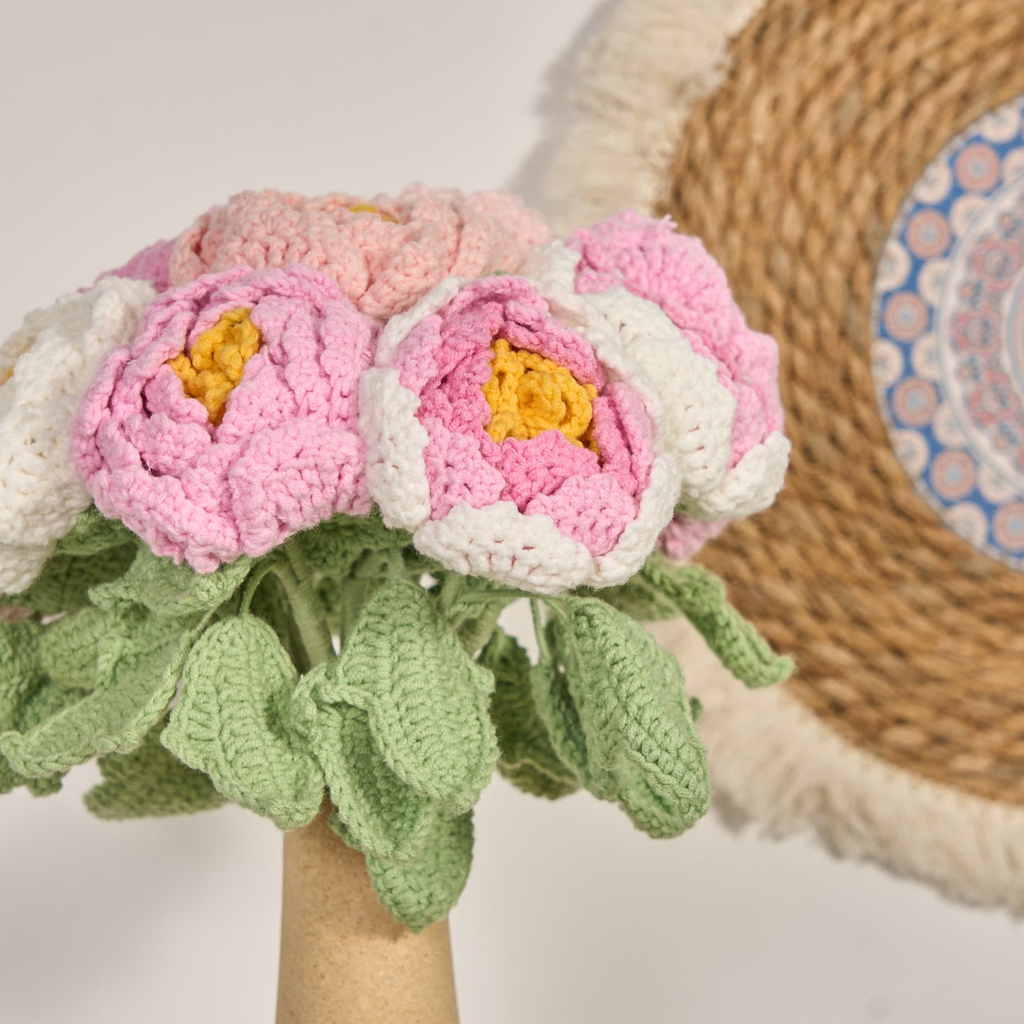 Fiori di peonia all'uncinetto fatti a mano, decorazione per la casa (12 pezzi)