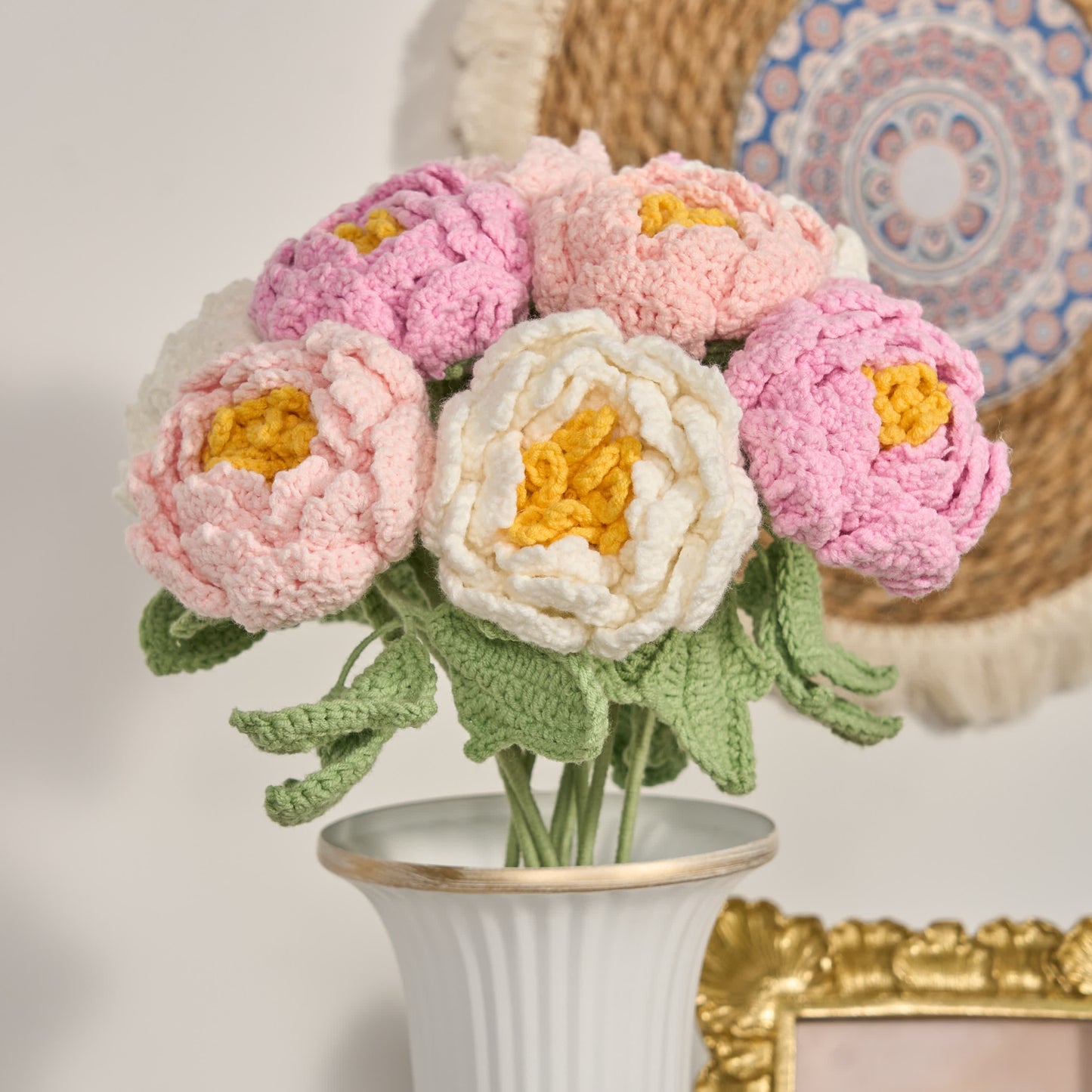 Fiori di peonia all'uncinetto fatti a mano, decorazione per la casa (12 pezzi)