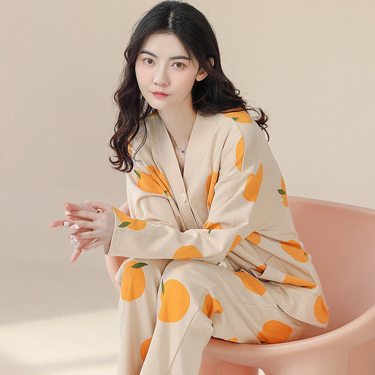 Pigiama arancione rurale in cotone con scollo a V