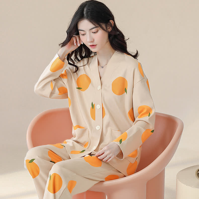 Pigiama arancione rurale in cotone con scollo a V