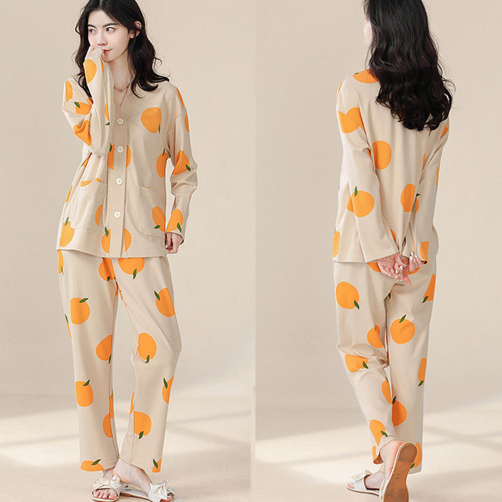 Pigiama arancione rurale in cotone con scollo a V