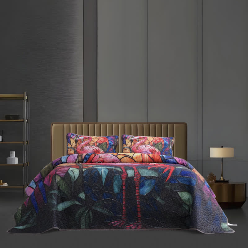 Set di biancheria da letto trapuntata con fenicotteri in stile tropicale (3 pezzi)