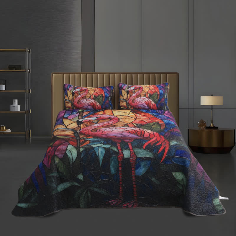 Set di biancheria da letto trapuntata con fenicotteri in stile tropicale (3 pezzi)