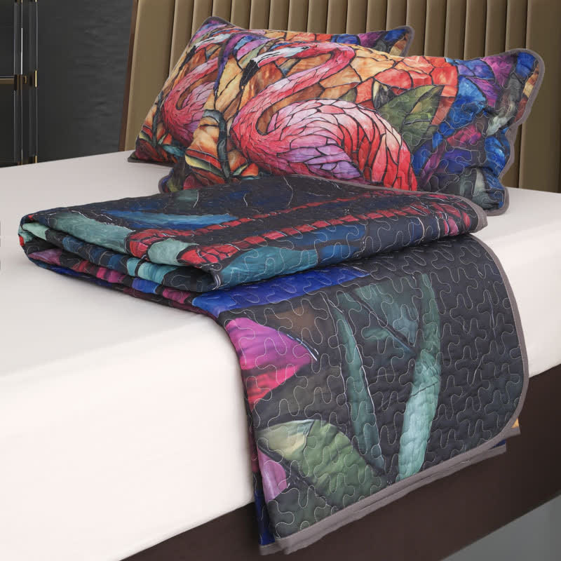 Set di biancheria da letto trapuntata con fenicotteri in stile tropicale (3 pezzi)