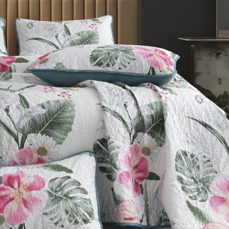 Set di biancheria da letto trapuntata con motivo floreale in fiore (3 pezzi)