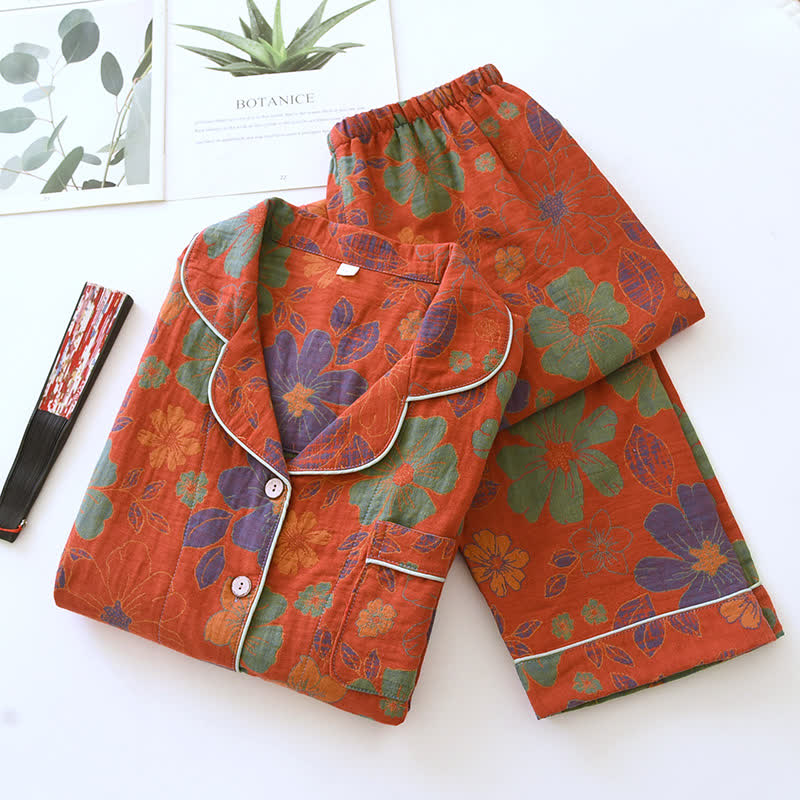 Pigiama a maniche corte in cotone con motivo floreale jacquard