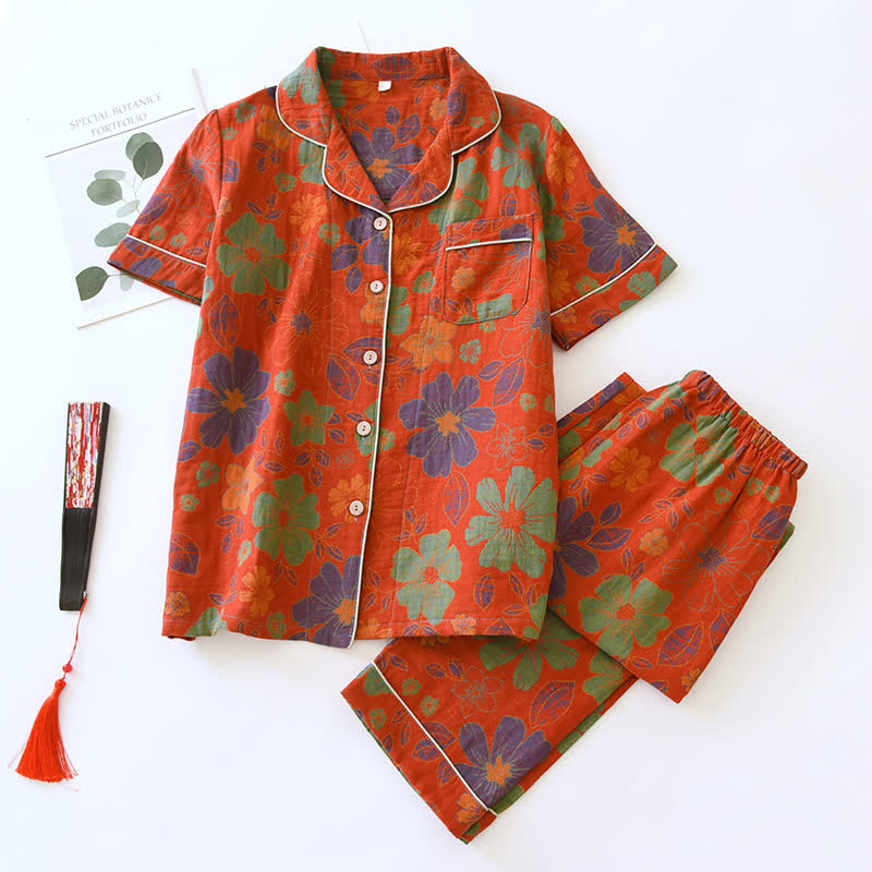 Pigiama a maniche corte in cotone con motivo floreale jacquard