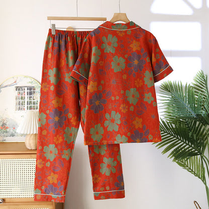 Pigiama a maniche corte in cotone con motivo floreale jacquard