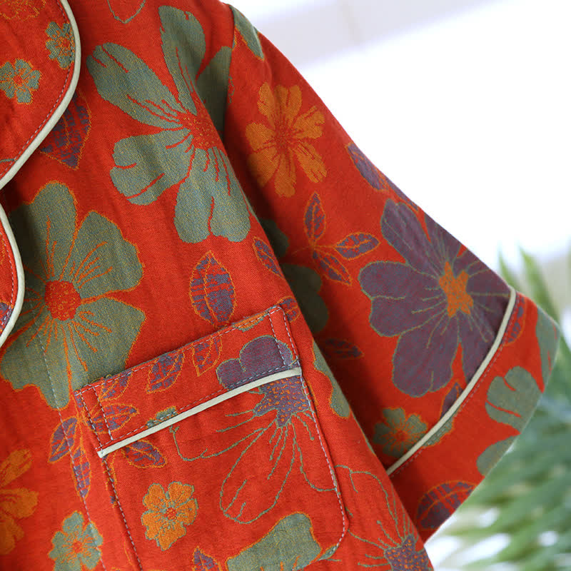 Pigiama a maniche corte in cotone con motivo floreale jacquard