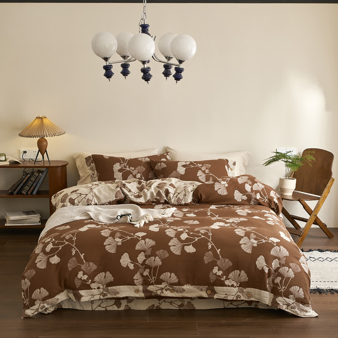 Set di biancheria da letto in garza di cotone con foglie di ginkgo (4 pezzi) - Marrone e albicocca - Matrimoniale Grande - image 18