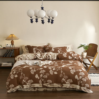 Set di biancheria da letto in garza di cotone con foglie di ginkgo (4 pezzi) - Marrone e albicocca - Matrimoniale Grande - image 18