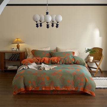 Set di biancheria da letto in garza di cotone con foglie di ginkgo (4 pezzi) - Verde e arancione - Matrimoniale Grande - image 0