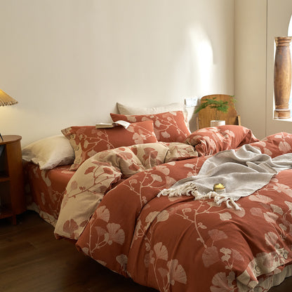 Set di biancheria da letto in garza di cotone con foglie di ginkgo (4 pezzi)