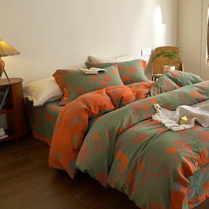Set di biancheria da letto in garza di cotone con foglie di ginkgo (4 pezzi)