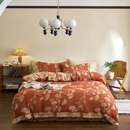 Set di biancheria da letto in garza di cotone con foglie di ginkgo (4 pezzi) - Rosso mattone e beige - Matrimoniale Grande - image 9