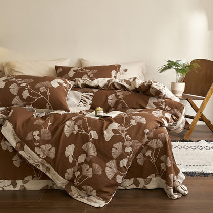Set di biancheria da letto in garza di cotone con foglie di ginkgo (4 pezzi)