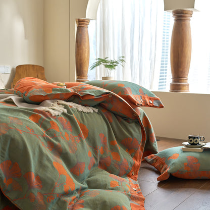 Set di biancheria da letto in garza di cotone con foglie di ginkgo (4 pezzi)