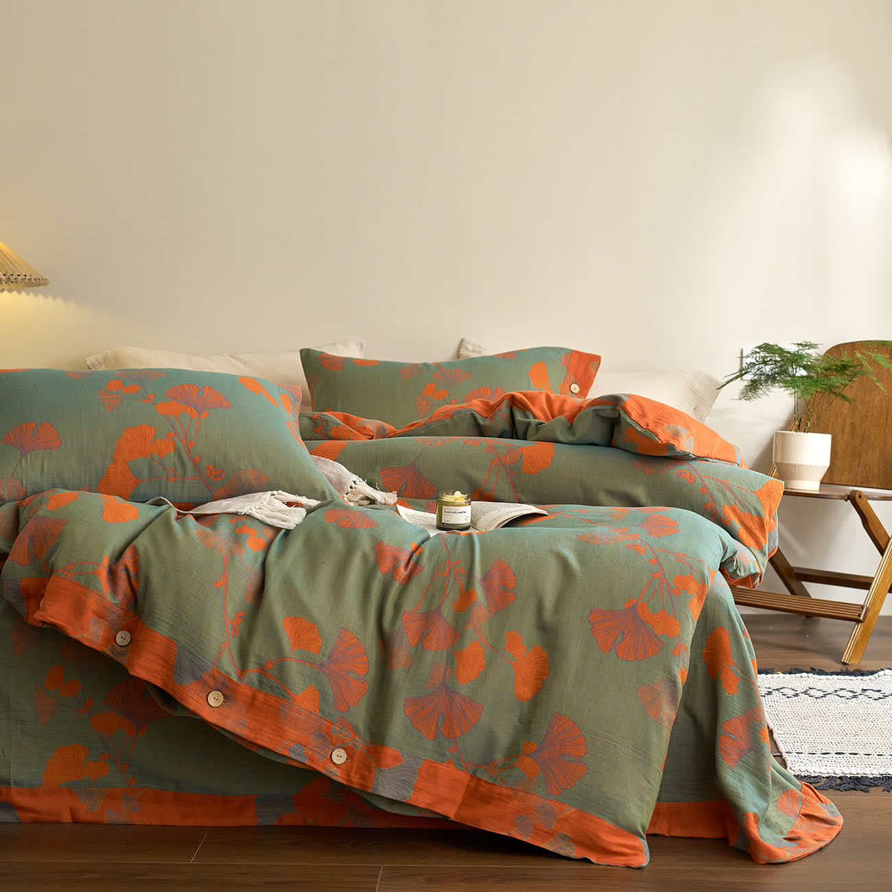 Set di biancheria da letto in garza di cotone con foglie di ginkgo (4 pezzi)