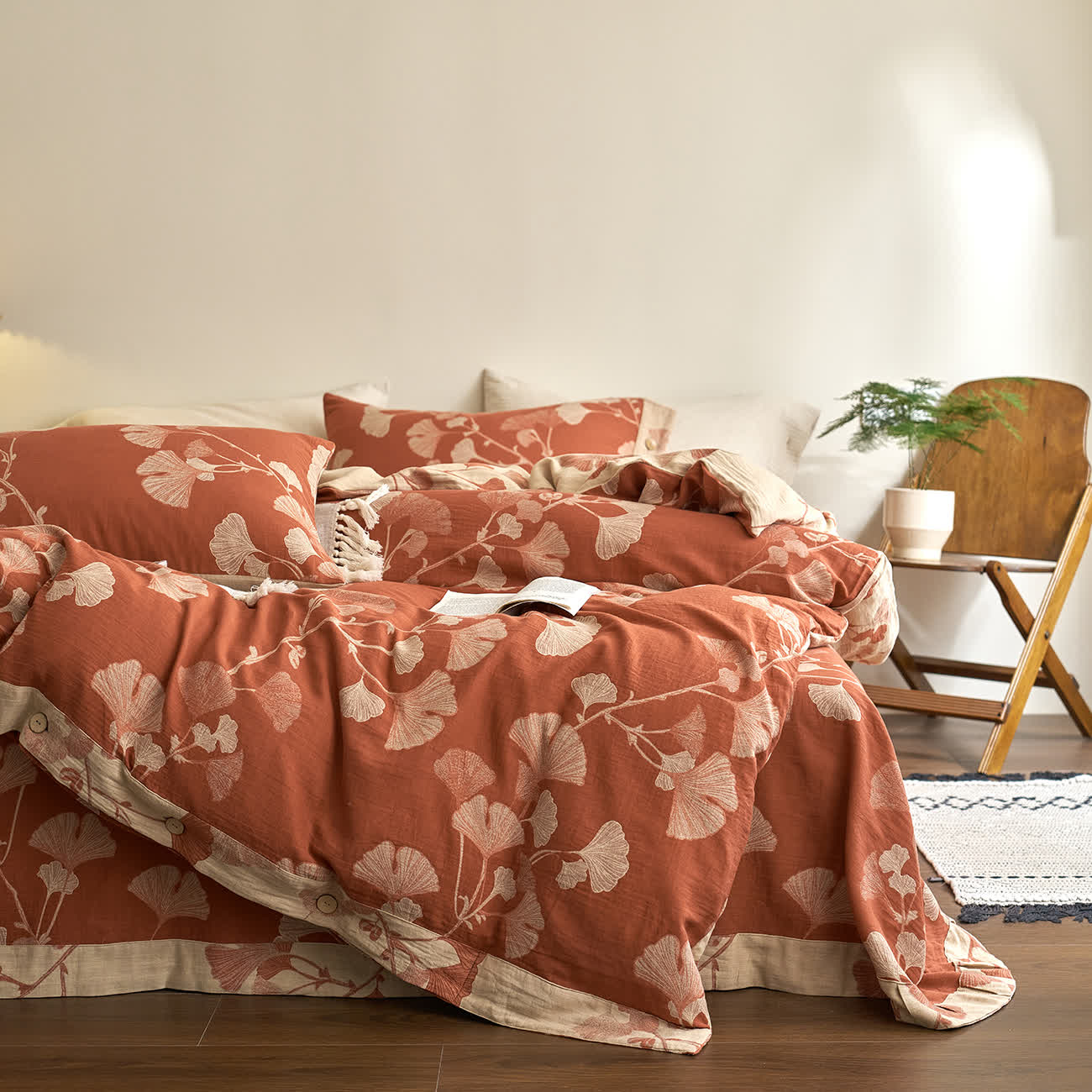 Set di biancheria da letto in garza di cotone con foglie di ginkgo (4 pezzi)