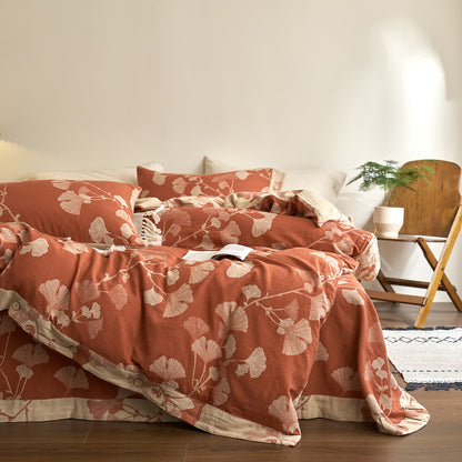 Set di biancheria da letto in garza di cotone con foglie di ginkgo (4 pezzi)