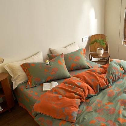 Set di biancheria da letto in garza di cotone con foglie di ginkgo (4 pezzi)