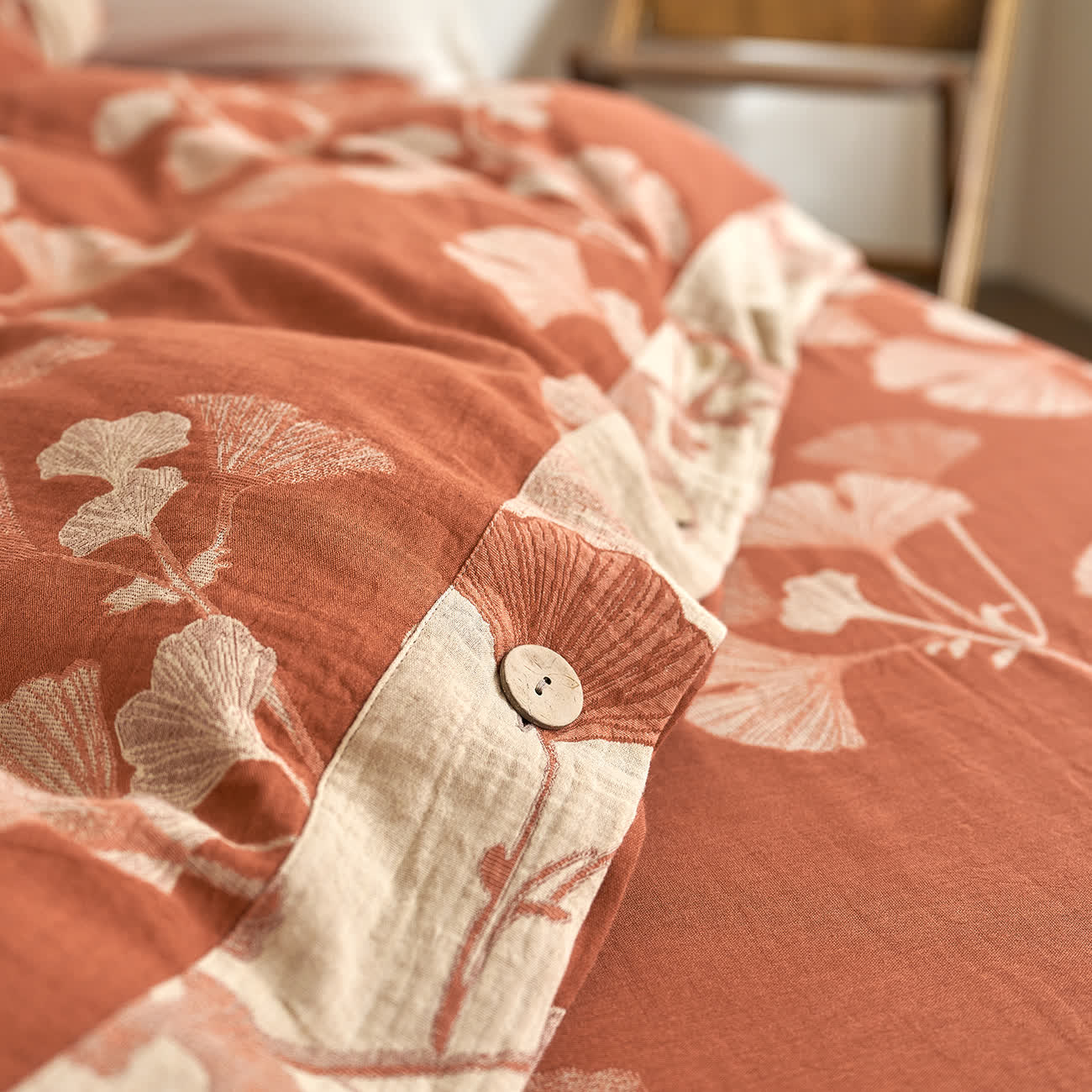 Set di biancheria da letto in garza di cotone con foglie di ginkgo (4 pezzi)