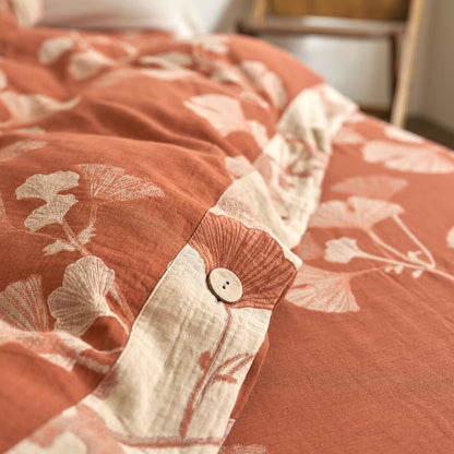 Set di biancheria da letto in garza di cotone con foglie di ginkgo (4 pezzi)