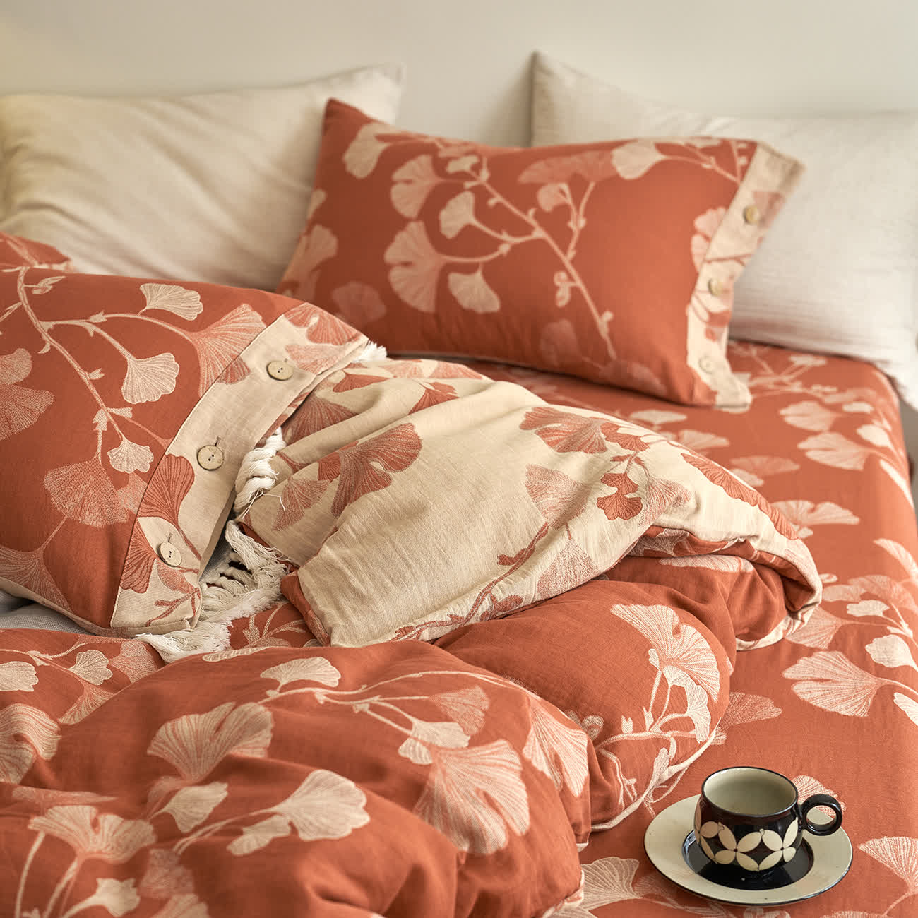Set di biancheria da letto in garza di cotone con foglie di ginkgo (4 pezzi)