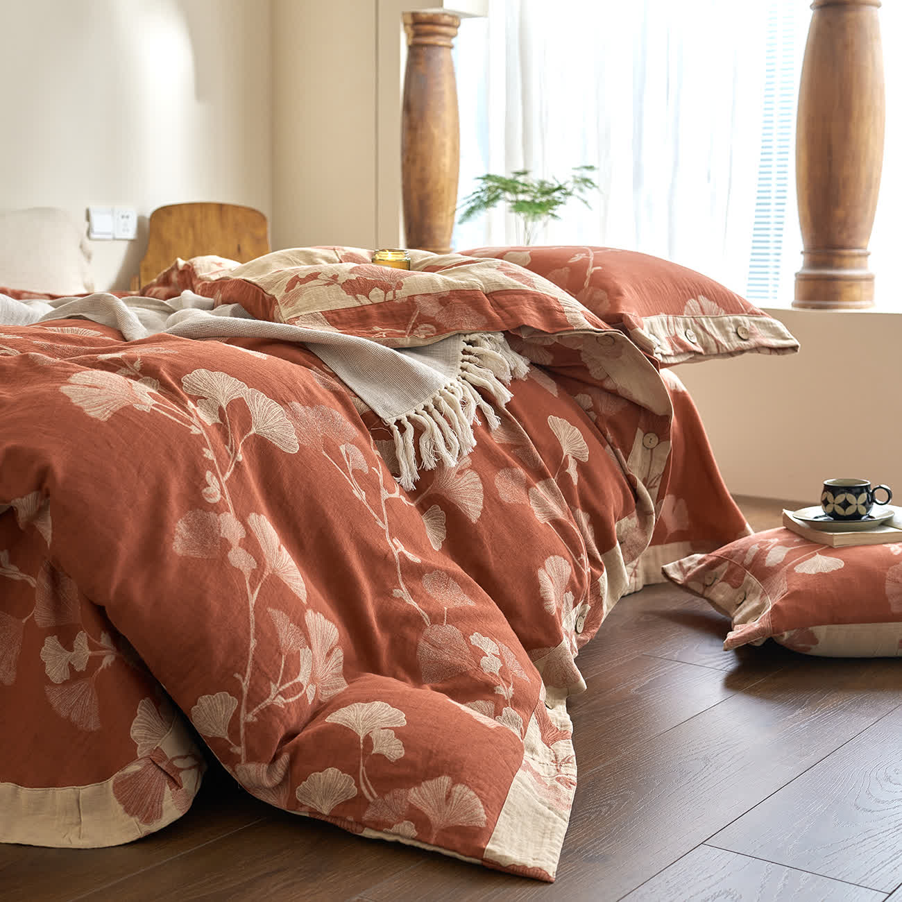 Set di biancheria da letto in garza di cotone con foglie di ginkgo (4 pezzi) - image 15