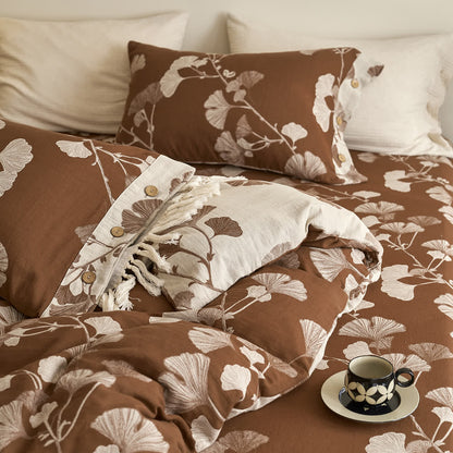 Set di biancheria da letto in garza di cotone con foglie di ginkgo (4 pezzi)
