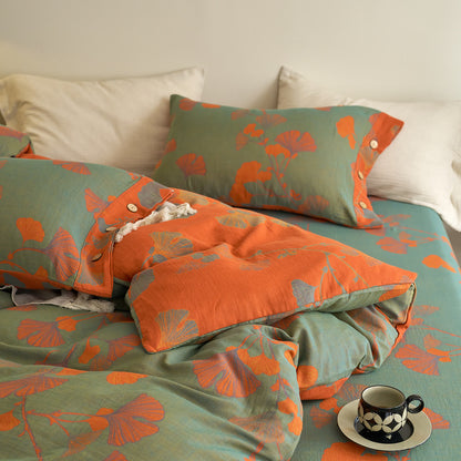 Set di biancheria da letto in garza di cotone con foglie di ginkgo (4 pezzi)