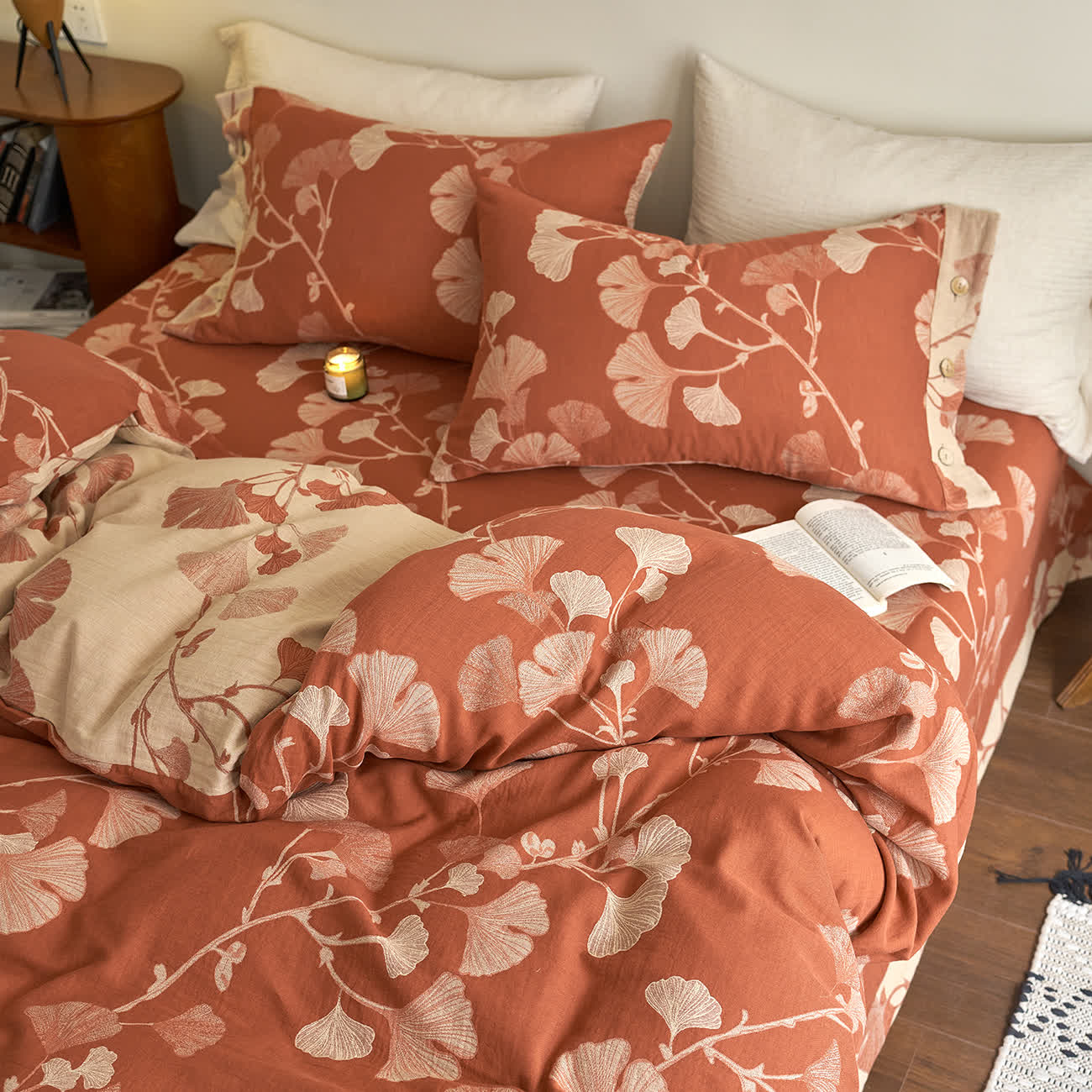 Set di biancheria da letto in garza di cotone con foglie di ginkgo (4 pezzi) - image 14