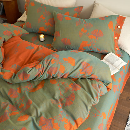 Set di biancheria da letto in garza di cotone con foglie di ginkgo (4 pezzi)