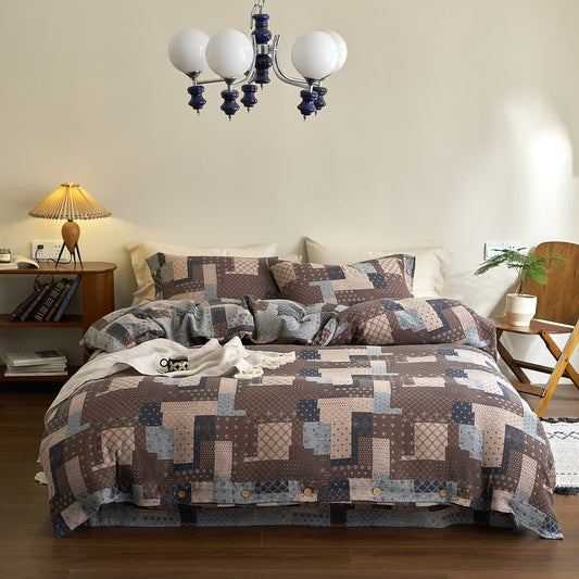 Set di biancheria da letto in garza di cotone con motivo patchwork geometrico (4 pezzi)