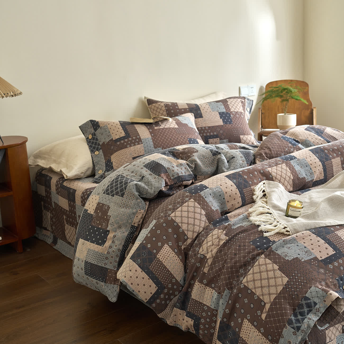 Set di biancheria da letto in garza di cotone con motivo patchwork geometrico (4 pezzi)