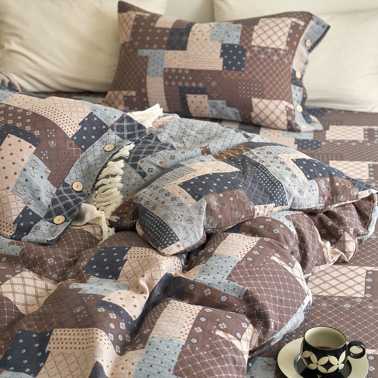 Set di biancheria da letto in garza di cotone con motivo patchwork geometrico (4 pezzi)