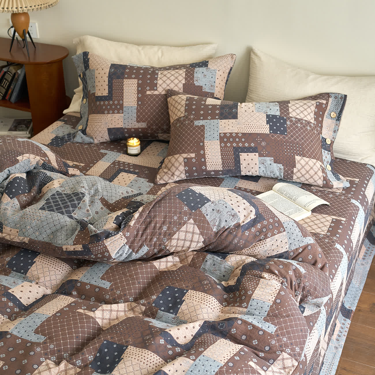Set di biancheria da letto in garza di cotone con motivo patchwork geometrico (4 pezzi)