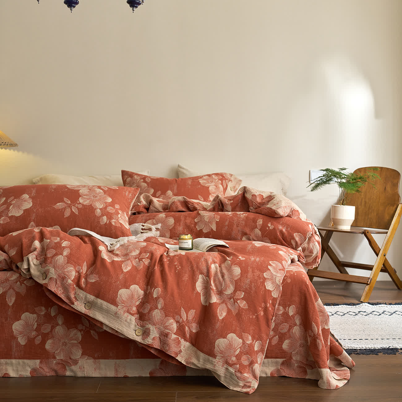 Set di biancheria da letto in garza di cotone tinto in filo con bottoni (4 pezzi)