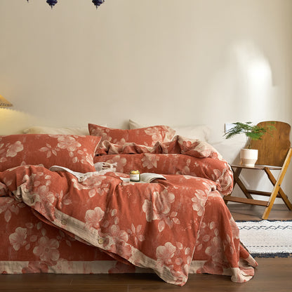 Set di biancheria da letto in garza di cotone tinto in filo con bottoni (4 pezzi)