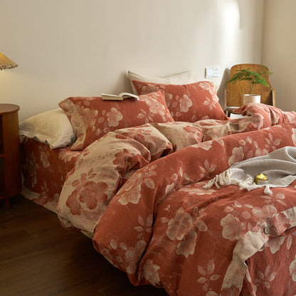 Set di biancheria da letto in garza di cotone tinto in filo con bottoni (4 pezzi)