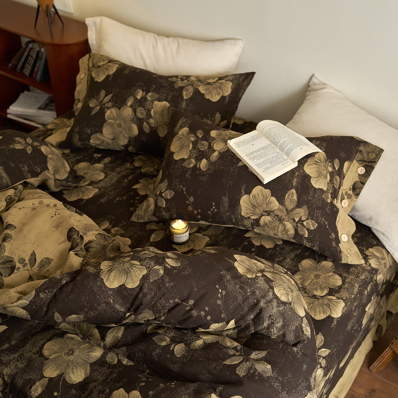 Set di biancheria da letto in garza di cotone tinto in filo con bottoni (4 pezzi)