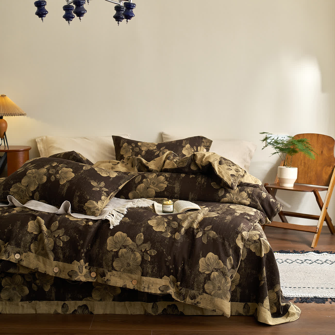 Set di biancheria da letto in garza di cotone tinto in filo con bottoni (4 pezzi)