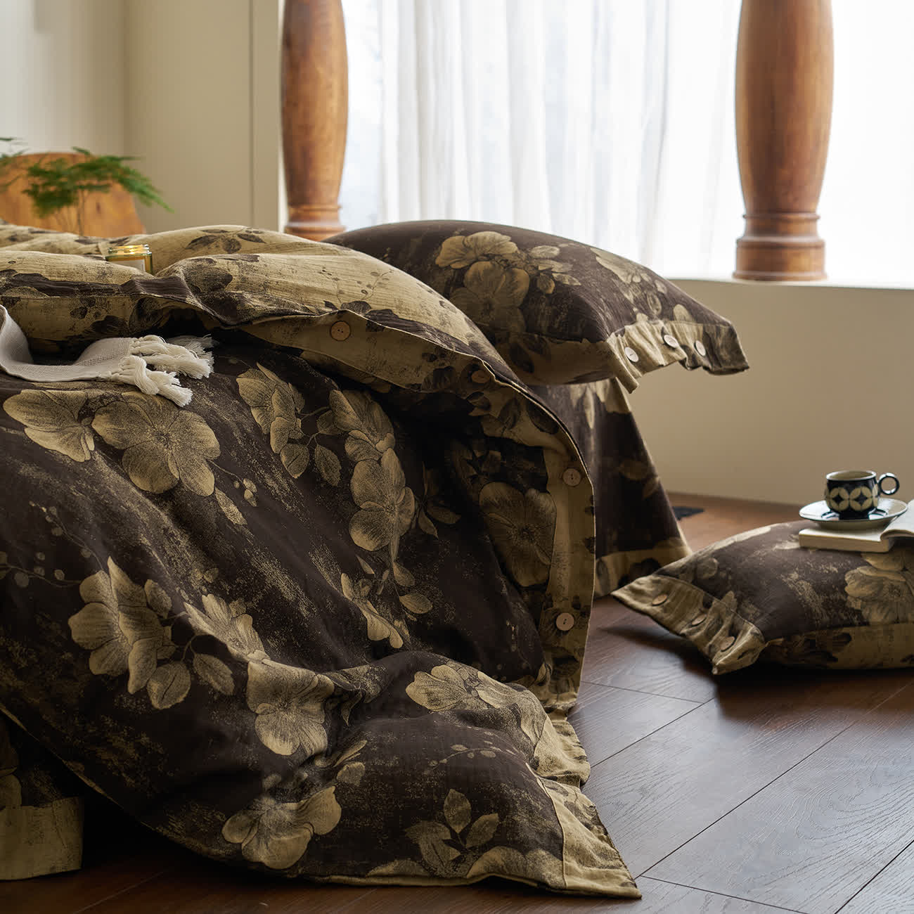 Set di biancheria da letto in garza di cotone tinto in filo con bottoni (4 pezzi)