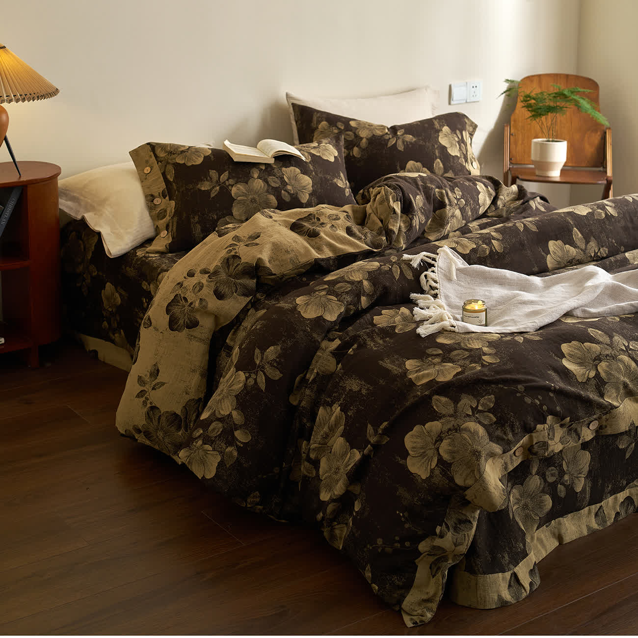 Set di biancheria da letto in garza di cotone tinto in filo con bottoni (4 pezzi)