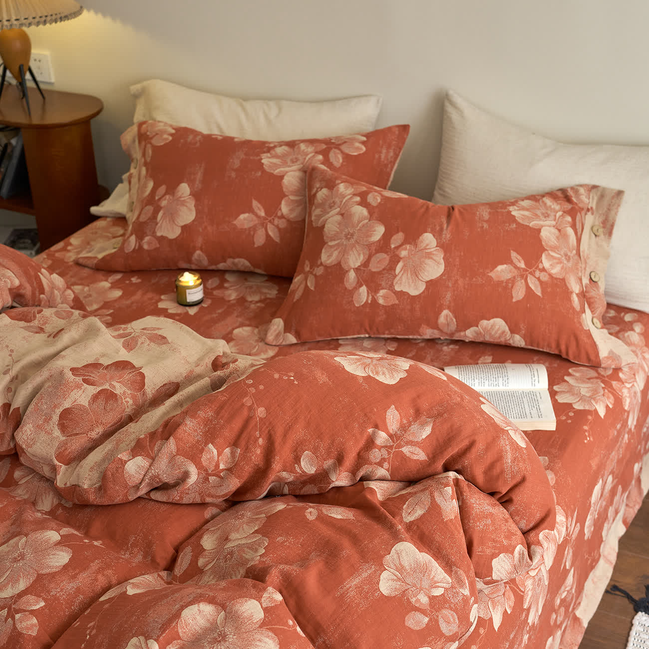 Set di biancheria da letto in garza di cotone tinto in filo con bottoni (4 pezzi)