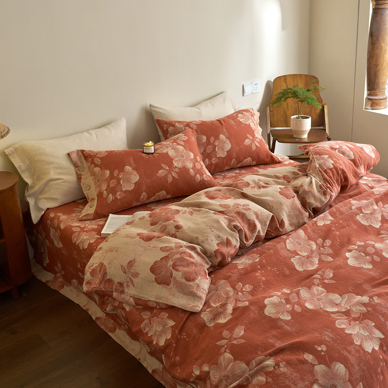 Set di biancheria da letto in garza di cotone tinto in filo con bottoni (4 pezzi)